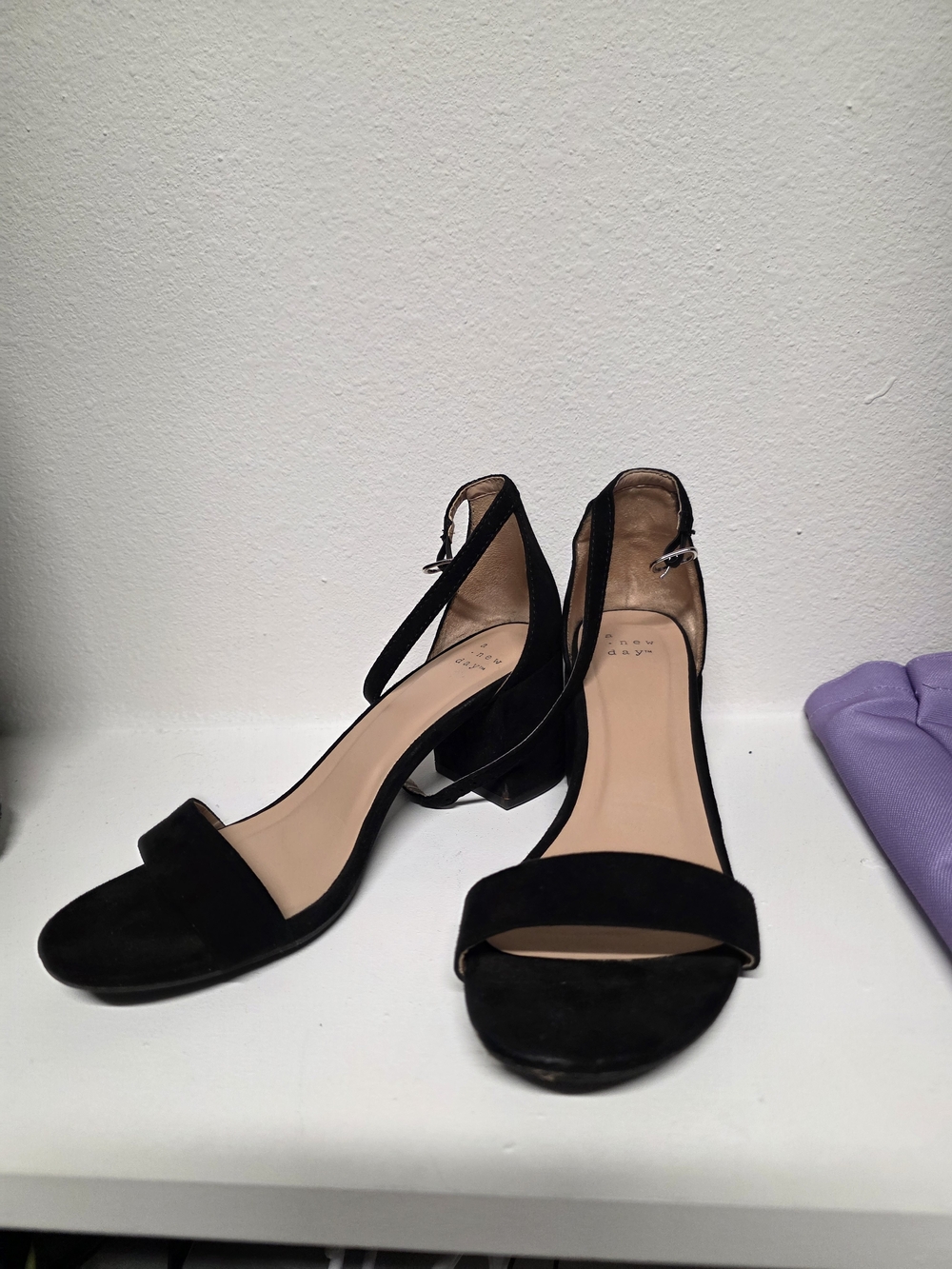 a new day Black Suede Ankle-Strap Block Heel Sandals